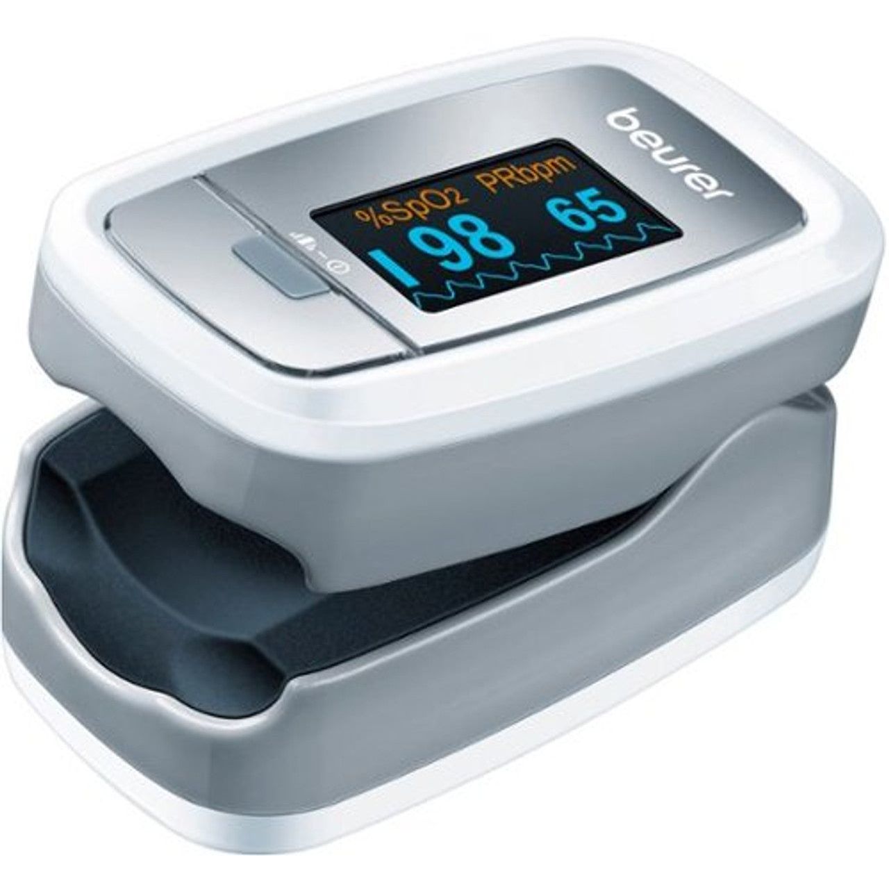 Beurer PO30 Pulse Oximeter measuring finger oxygen levels and heart rate, compact device with digital display.
