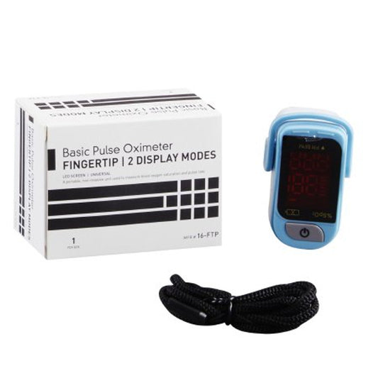 Mckesson fingertip pulse oximeter showing digital display of oxygen saturation and pulse rate on a white background.