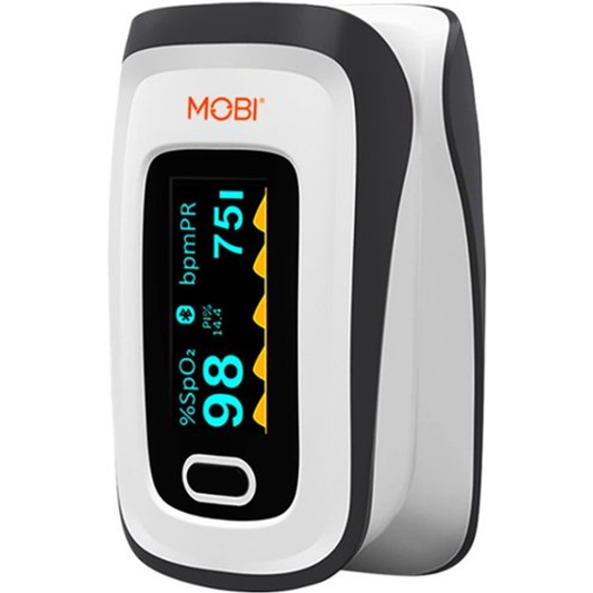 White MOBI Connect Smart Fingertip Bluetooth Pulse Oximeter showing digital display and connected smartphone app interface.