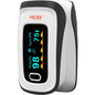 White MOBI Connect Smart Fingertip Bluetooth Pulse Oximeter showing digital display and connected smartphone app interface.