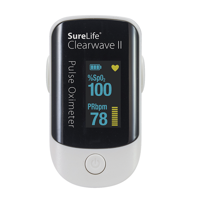 SureLife MHC 860320 Clearwave II pulse oximeter showing digital display of oxygen saturation and pulse rate readings.
