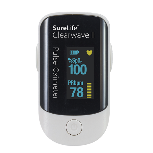 SureLife MHC 860320 Clearwave II pulse oximeter showing digital display of oxygen saturation and pulse rate readings.