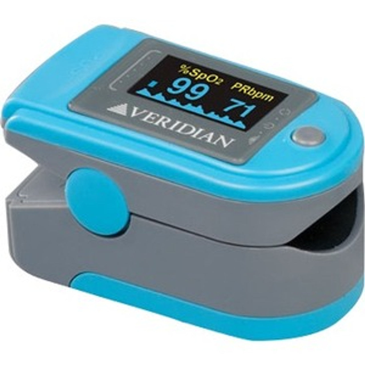 Veridian Healthcare Deluxe Finger Pulse Oximeter showing digital display measuring oxygen saturation and pulse rate.