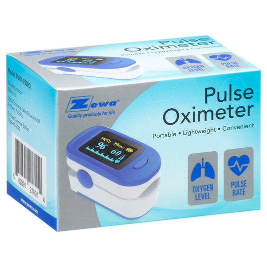 Zewa® Fingertip Pulse Oximeter by Pasteur Pharmacy showing digital display of SpO2 and pulse rate measurement.