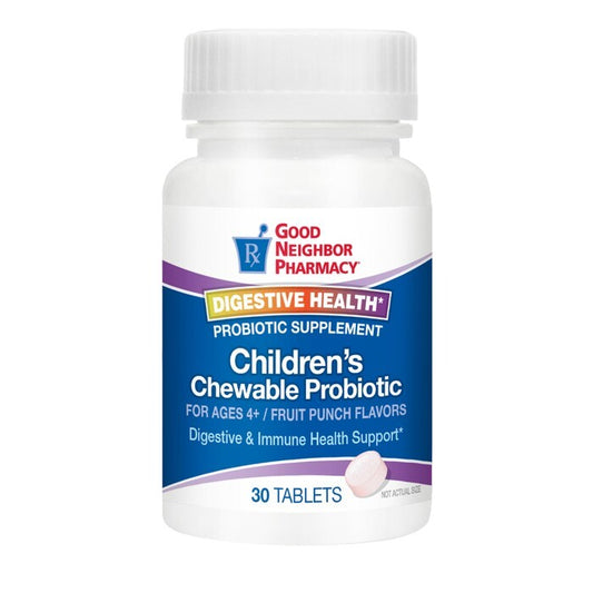 Children's chewable probiotic fruit punch tablets by Pasteur Pharmacy in a 30-count bottle, featuring colorful fruit punch flavor and packaging.