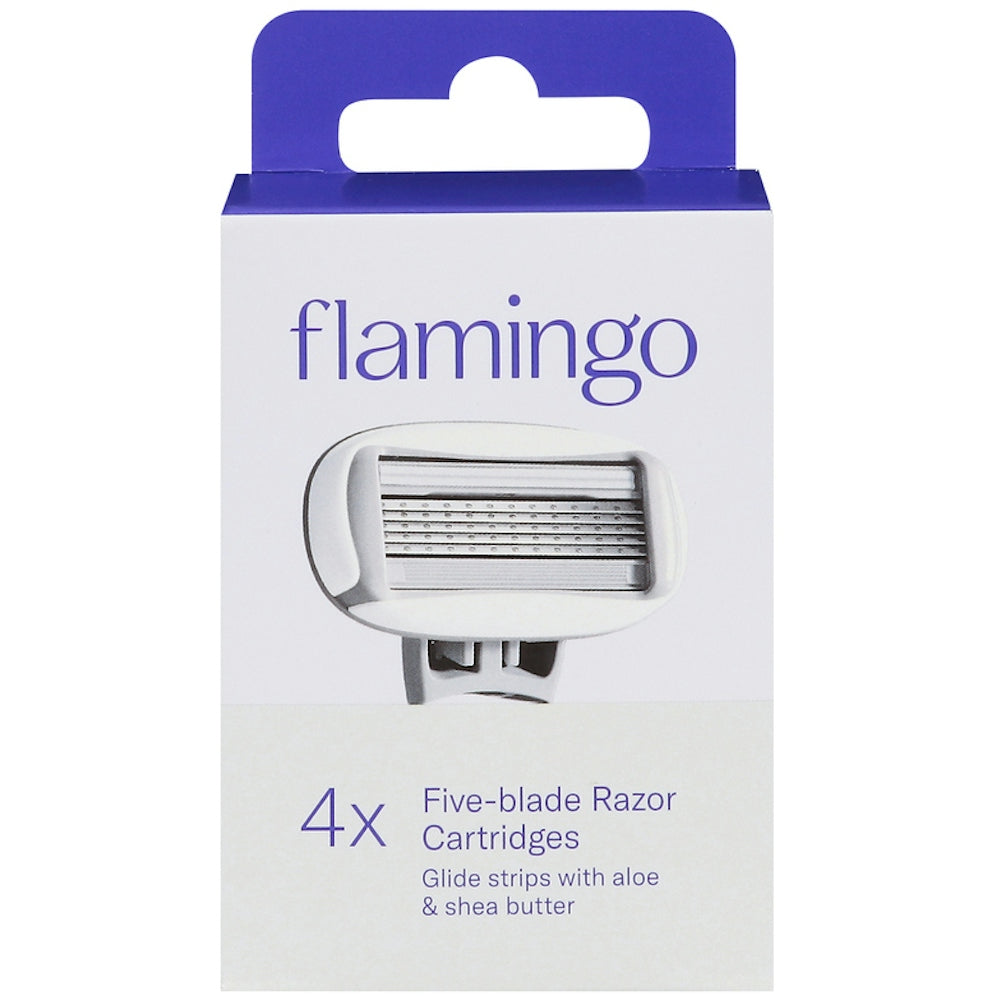 Flamingo 4X five-blade razor cartridges by Pasteur Pharmacy, shown with sleek design and multiple blades for a smooth shave.