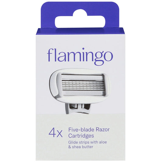 Flamingo 4X five-blade razor cartridges by Pasteur Pharmacy, shown with sleek design and multiple blades for a smooth shave.