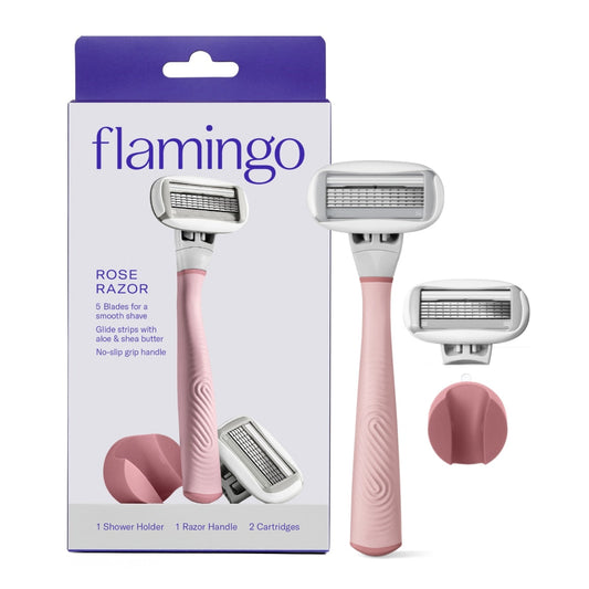 Flamingo Rose Razor from Pasteur Pharmacy with two replacement cartridges, featuring a pink and white floral design.
