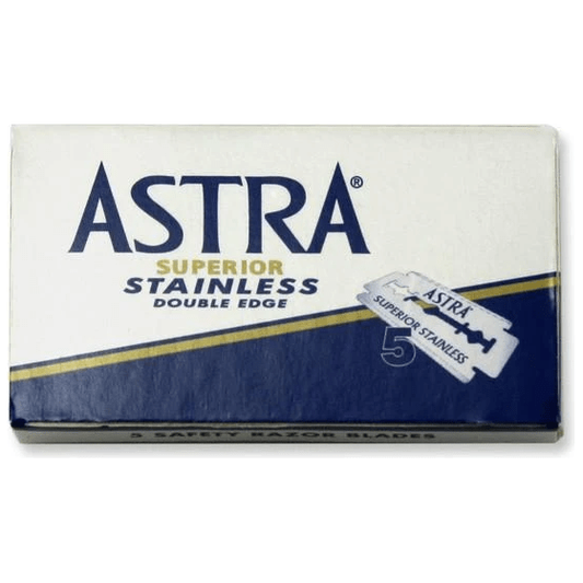 A pack of five Astra Superior Stainless Double Edge Razor Blades by Pasteur Pharmacy showing individual blades in a clear plastic case.