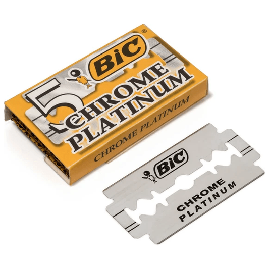 Bic Chrome Platinum double edge razor blades in a 5-pack, compatible with safety razors for smooth shaving.