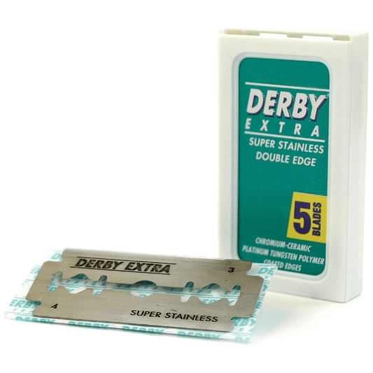 Pack of five Derby Extra Chromium Ceramic Platinum double edge razor blades by Pasteur Pharmacy, showing the blades in a clear package.