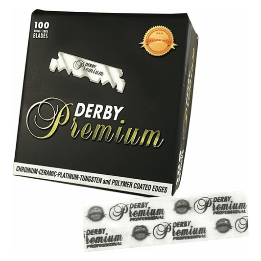 Pack of 100 Derby Premium single edge razor blades made with Swedish steel, designed for smooth, precise shaving.