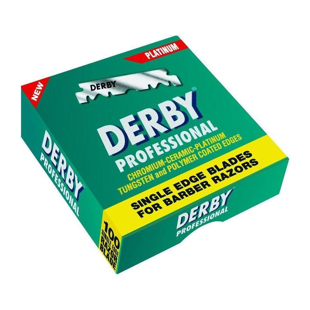 Pack of 100 Derby Professional Single Edge Razor Blades by Pasteur Pharmacy, featuring sharp stainless steel blades for safe shaving.