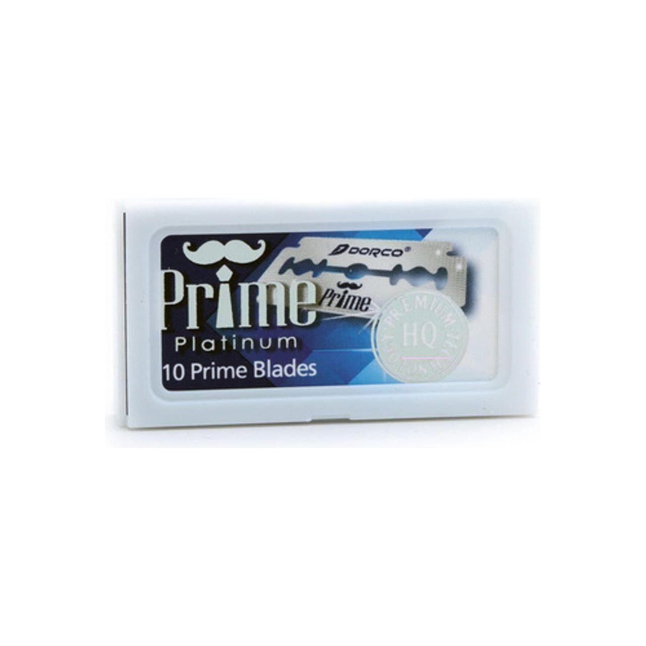 Dorco Prime Platinum double edge razor blades in a pack of 10, designed for smooth, close shaving by Pasteur Pharmacy.