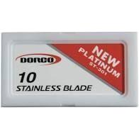 Dorco St-301 double edge razor blades in a 10x10 pack, ideal for safety razors, displayed with packaging and blades.