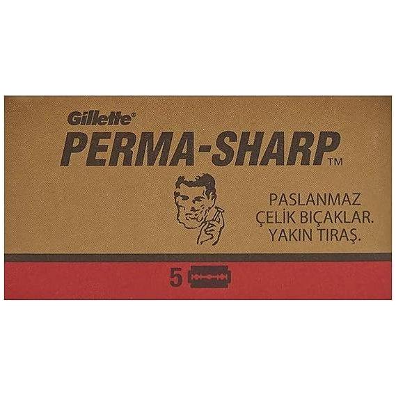 Gillete Perma-Sharp double edge razor blades pack with 20x5 blades, shown in black packaging, for smooth shaving.