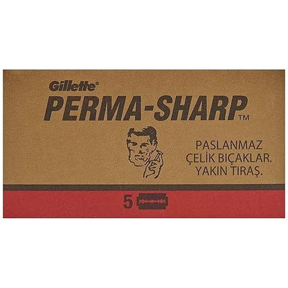 Gillete Perma-Sharp double edge razor blades pack with 20x5 blades, shown in black packaging, for smooth shaving.