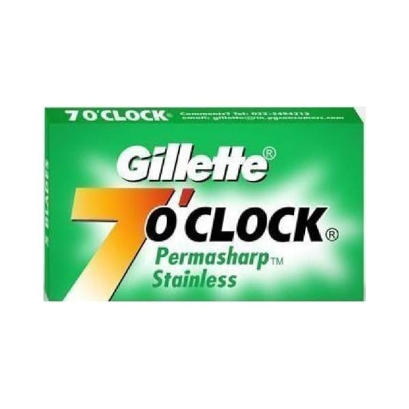 Gillette 7 O'clock Super Stainless Double Edge Razor Blades pack with 20x5 blades, designed for safe, precise shaving.