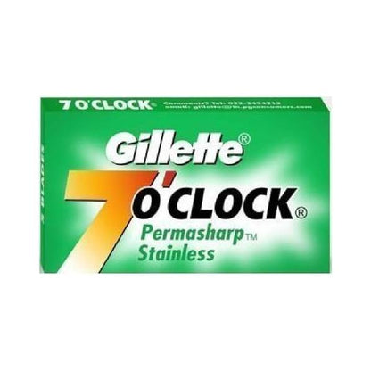 Gillette 7 O'clock Super Stainless Double Edge Razor Blades pack with 20x5 blades, designed for safe, precise shaving.