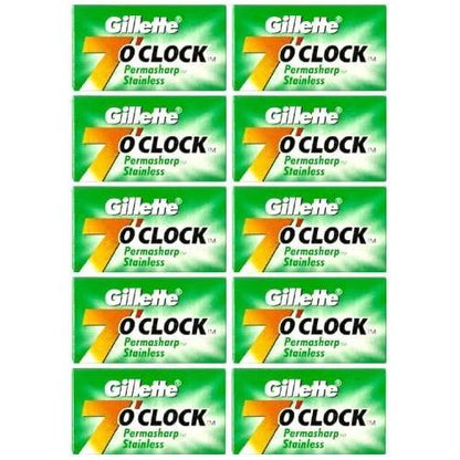 Gillette 7 O'clock Super Stainless Double Edge Razor Blades pack with 20x5 blades, designed for smooth shaving.