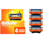 Gillette Fusion 5 men's razor blades in a 4-piece pack, featuring five ultra-sharp blades for a close shave.