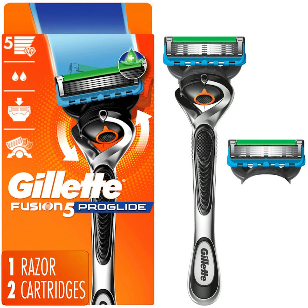 Gillette Fusion ProGlide men's razor handle with two blade refills, showcasing the sleek design of Gillette razor blades.