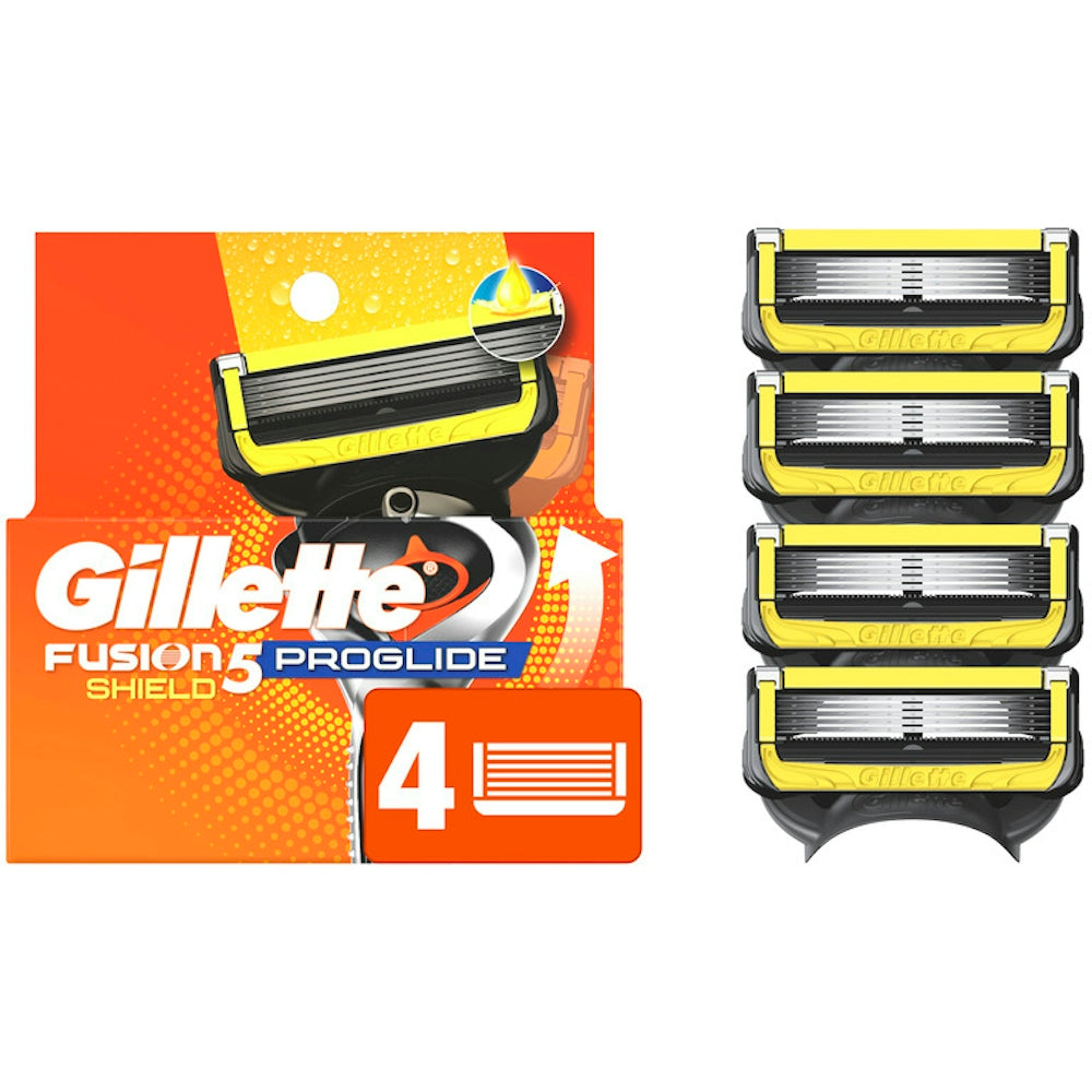 Gillette Fusion5 Pro Glide Shield Razor Blades for Men, 4-pack, featuring sharp blades and comfortable shave design.