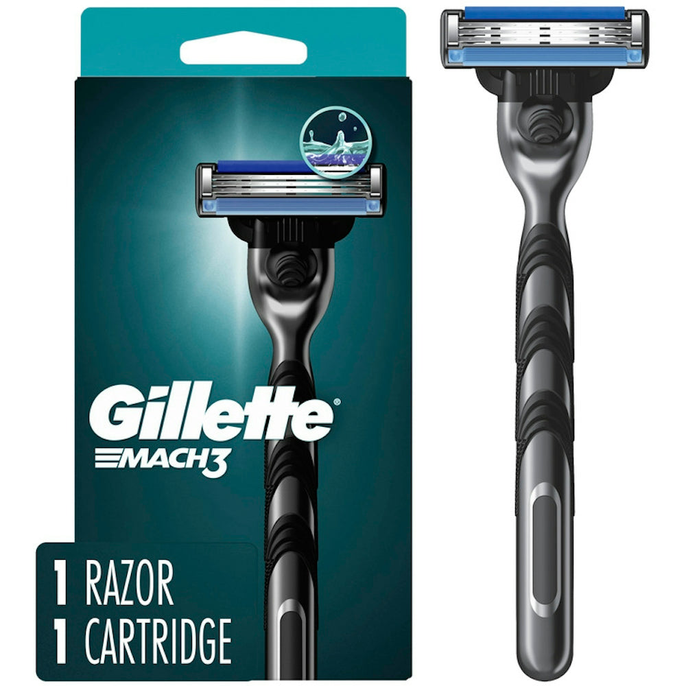 Gillette Mach3 men's razor handle with one blade refill, featuring a sleek design and ergonomic grip for smooth shaving.