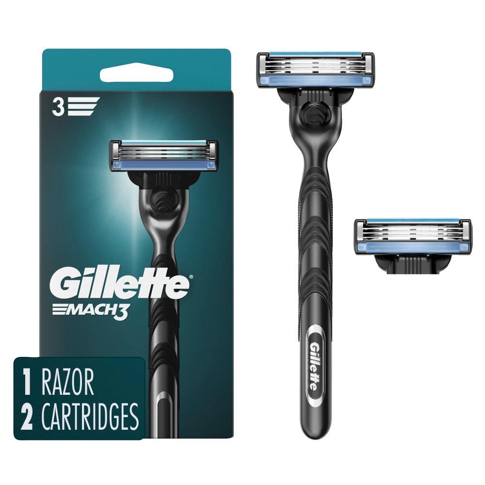 Gillette Mach3 men's razor handle with two blade refills, featuring durable razor blades for a close, comfortable shave.