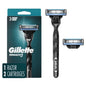 Gillette Mach3 men's razor handle with two blade refills, featuring durable razor blades for a close, comfortable shave.