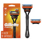 Gillette New Fusion 5 men's razor blade refills with two blades, shown in packaging with sleek design and brand branding.