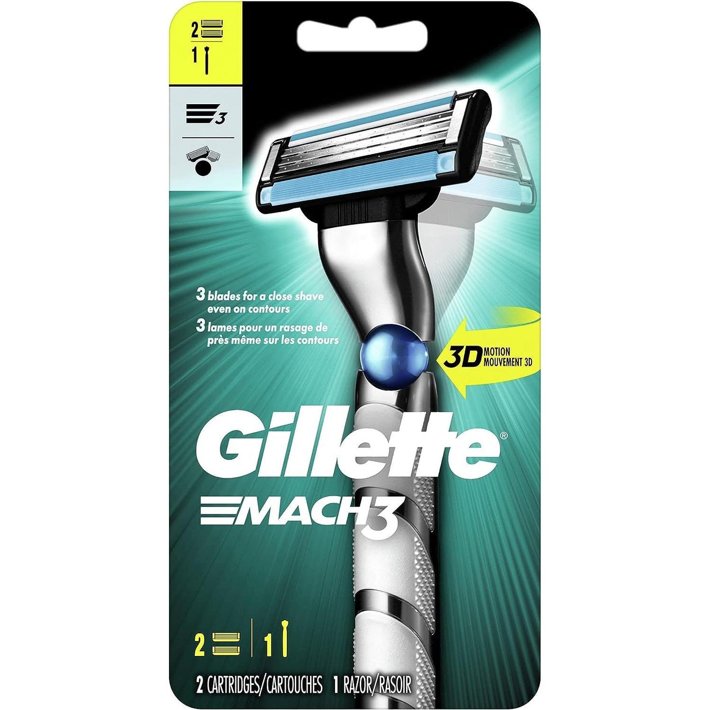 Gillette 3D Motion Razor Blades showing sleek blades with flexible technology for smooth shaving.