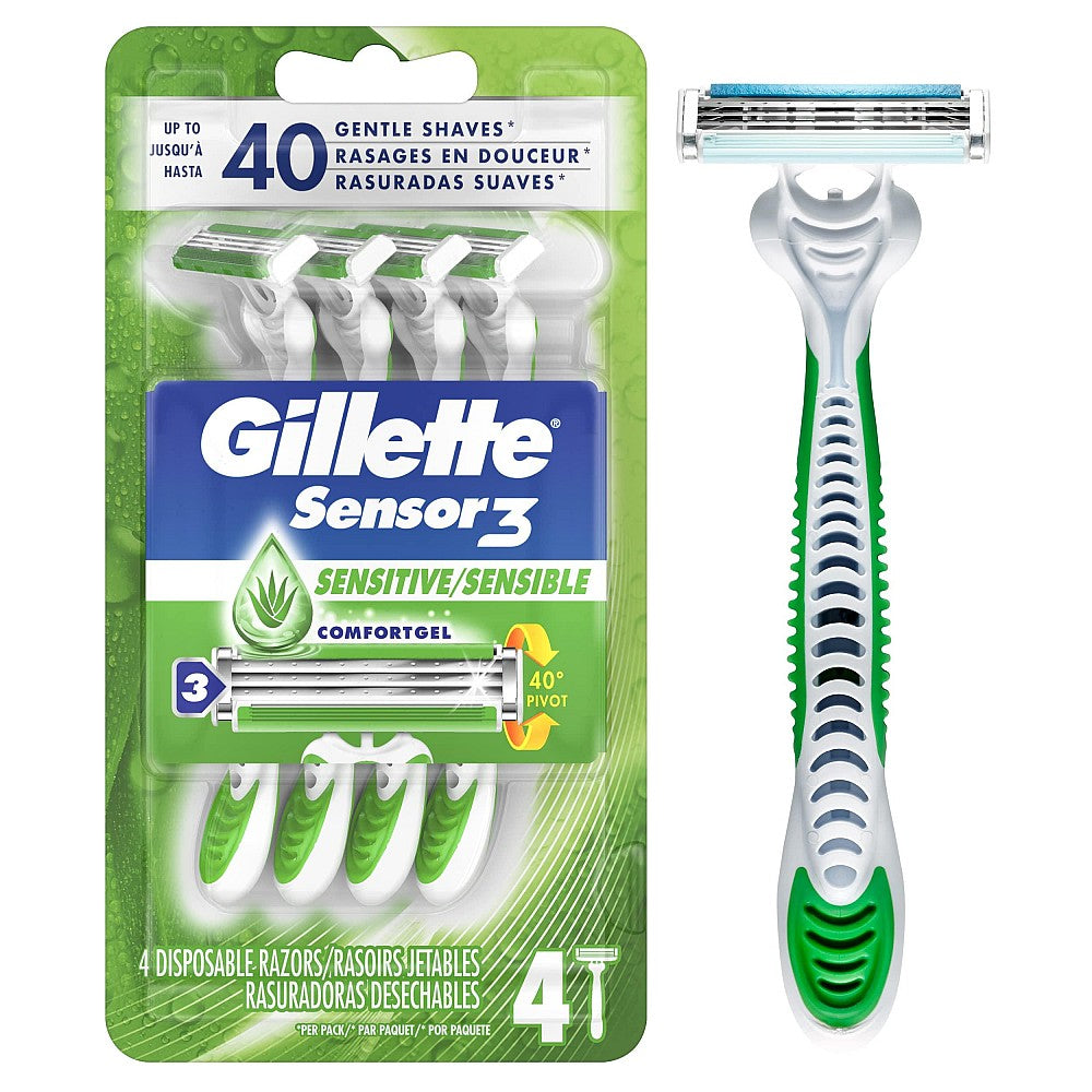 Gillette Sensor 3 Sensitive disposable razor blades with Mach 3 razor, designed for smooth, gentle shaving.