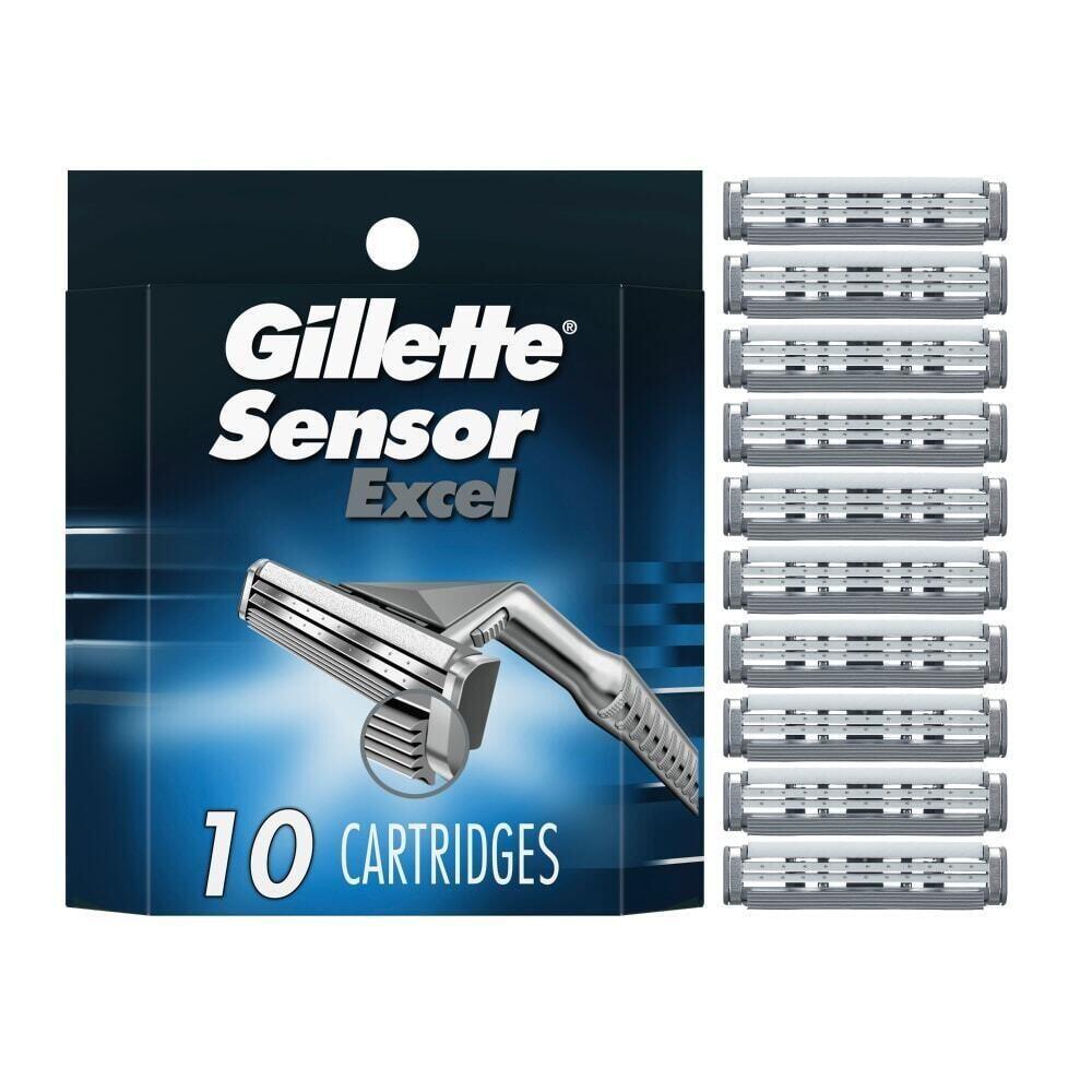 Gillette Sensor Excel men's razor blade refills in a 10-count pack, featuring sharp, easy-to-use razor blades for a smooth shave.