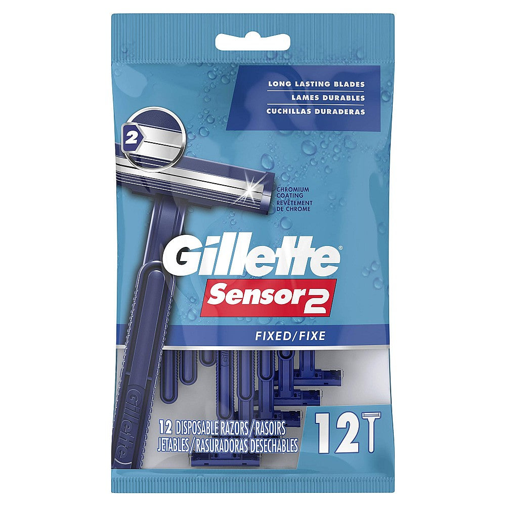 Gillette Sensor2 fixed head disposable razor blades with two blades and a comfortable grip for smooth shaving.