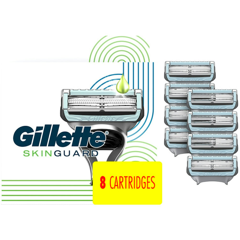 Gillette Skin Guard men's razor blades, 8-blade refills, packaged in a box with branding and product details visible.