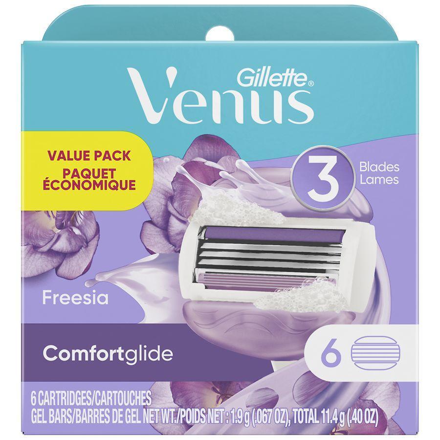 Gillette Venus Comfort Glide razor cartridge with 3 blades in a Freesia scent, part of a value pack, shown in the image.