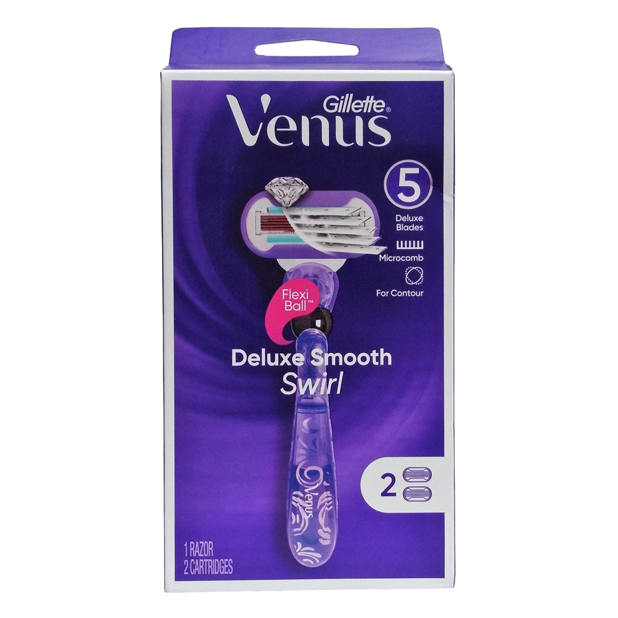 Gillette Venus Deluxe Smooth Swirl Razor blades in a 2-pack, designed for a close, smooth shave.