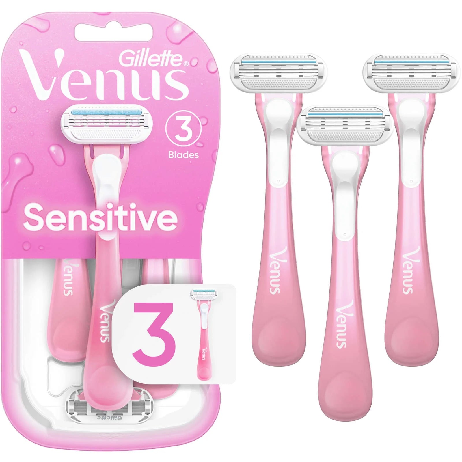 Gillette Venus Sensitive women's disposable razor blades, 3-pack, with smooth handle and protective blade cover for gentle shaving.