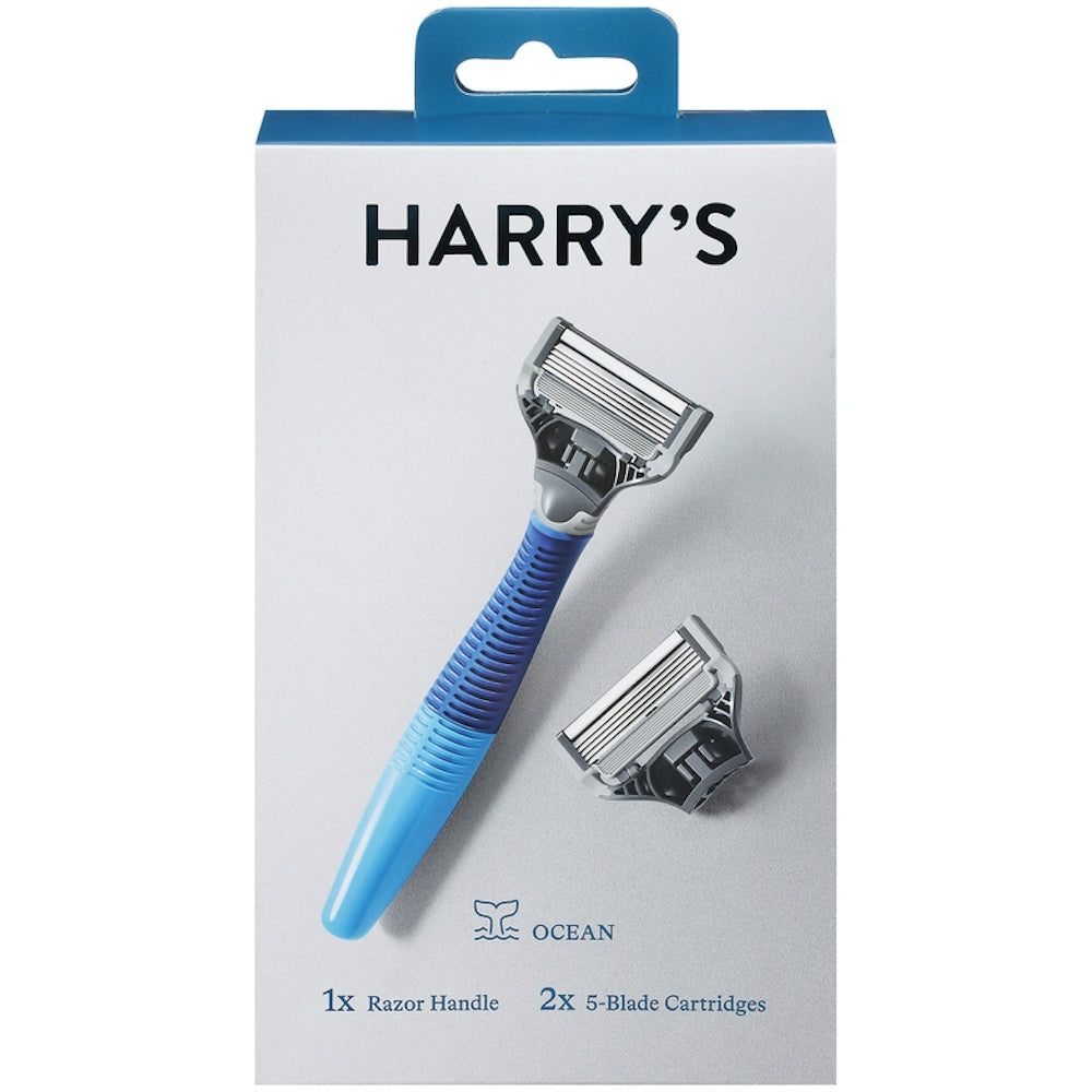 Harry's Ocean Blue handle razor for men with 2 blade cartridges, featuring a sleek blue and silver design.