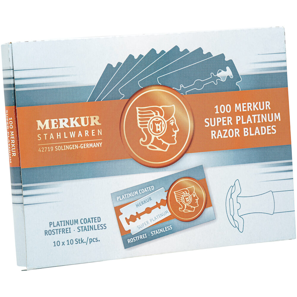 Merkur Super Platinum Razor Blades pack with 100 blades, designed for smooth, close shaves, from Pasteur Pharmacy.
