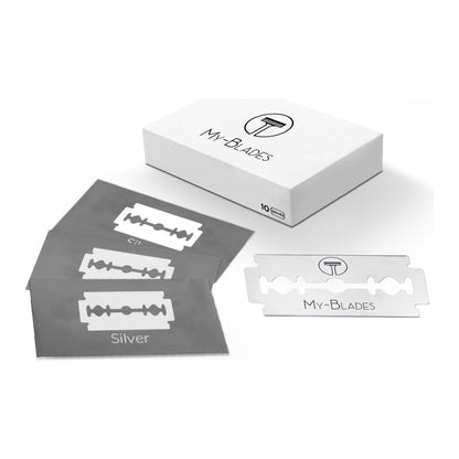My-Blades Silver double edge razor blades, 10-pack, for safe and precise shaving, shown in a clear image.