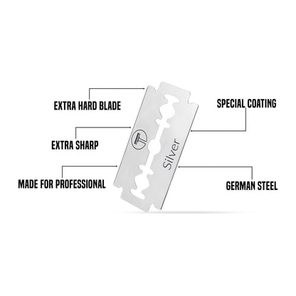 Pack of 100 My-Blades Silver Double Edge Razor Blades by Pasteur Pharmacy, showing sharp, silver blades in a sealed package.