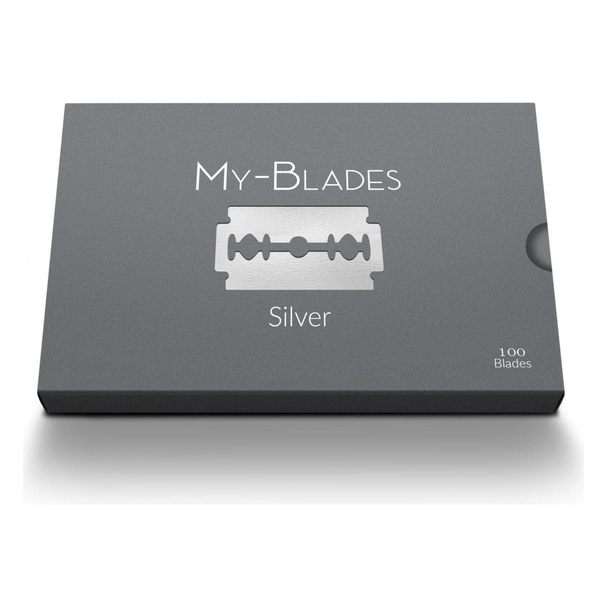 My-Blades Silver double edge razor blades in a 100-count pack, designed for smooth shaving and precise grooming.