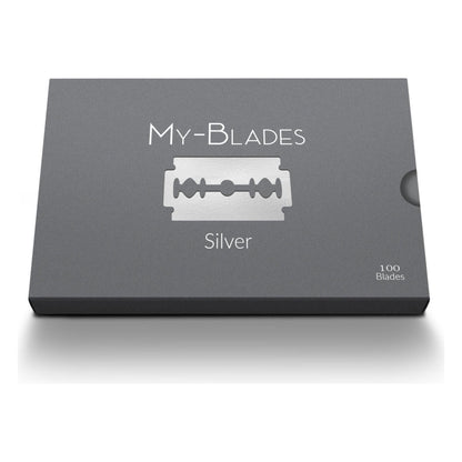 My-Blades Silver double edge razor blades in a 100-count pack, designed for smooth shaving and precise grooming.