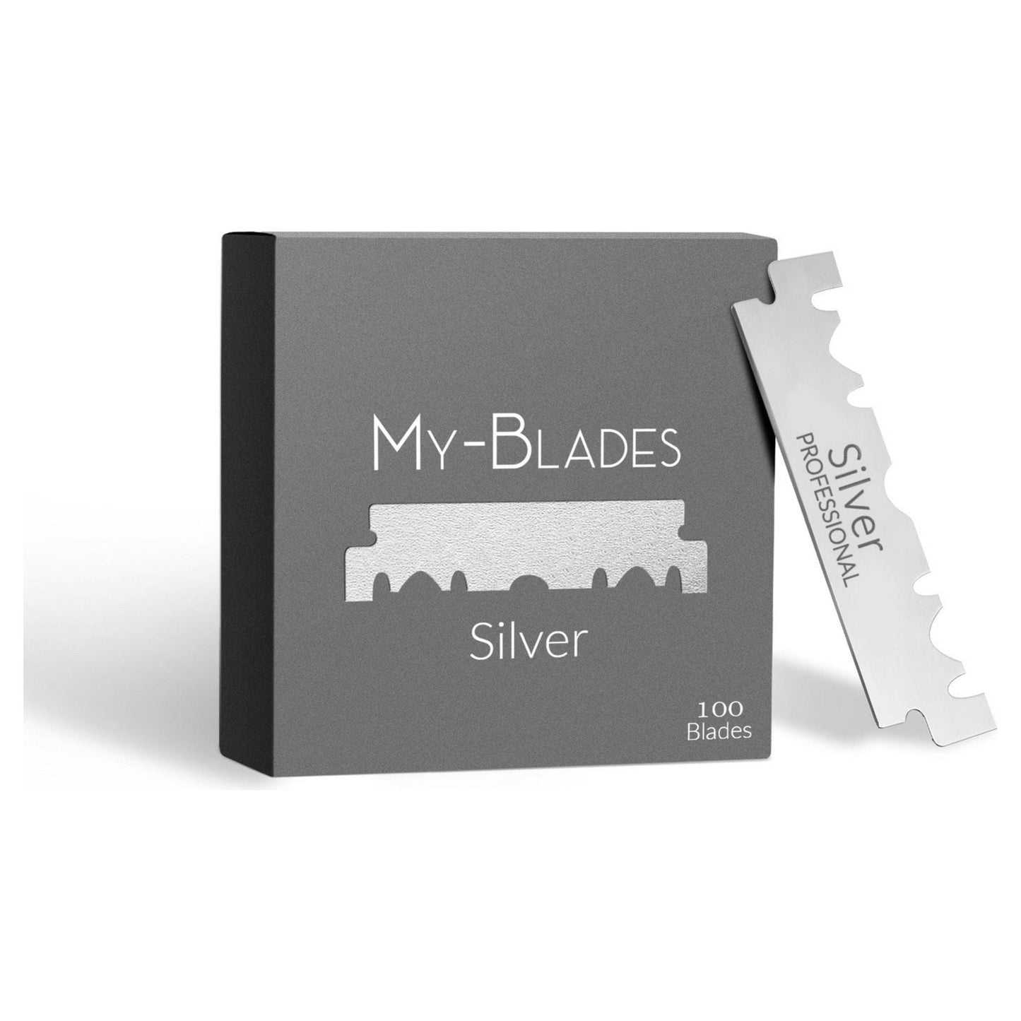 My-Blades Silver Single Edge Razor Blades pack with 100 blades, featuring durable stainless steel construction for precise shaving.