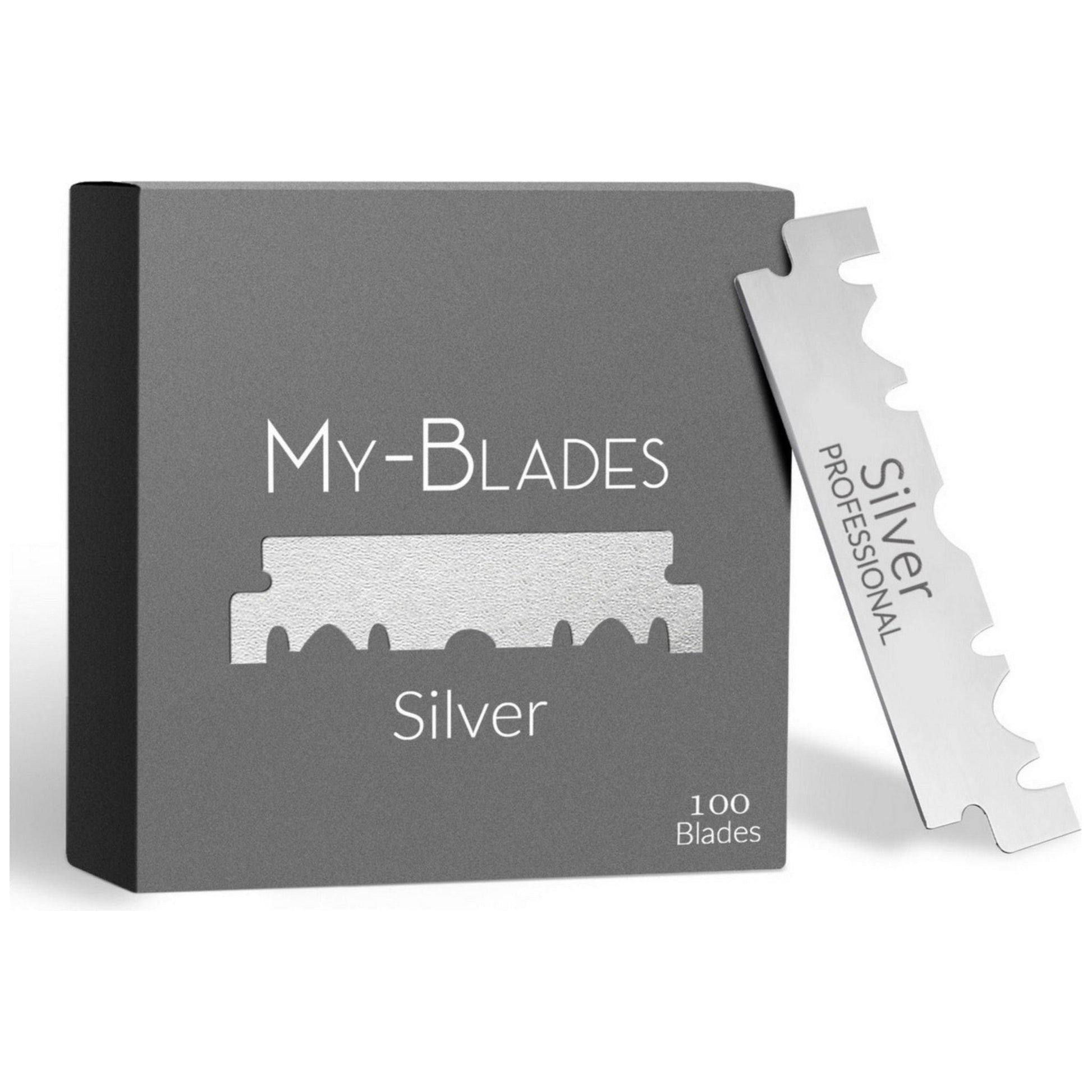 My-Blades Silver Single Edge Razor Blades in a pack of 100, ideal for precise shaving and grooming.