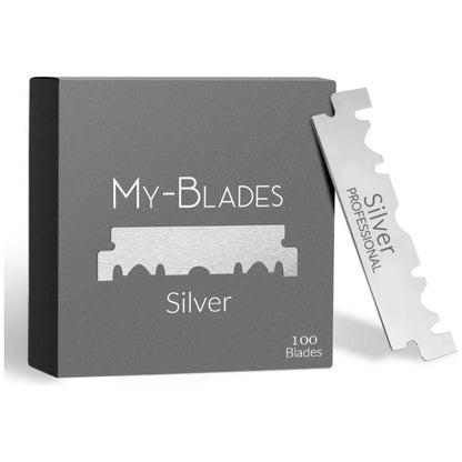 My-Blades Silver Single Edge Razor Blades in a pack of 100, ideal for precise shaving and grooming.