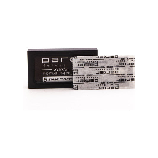 Pack of 100 Parker Premium Platinum Stainless Steel DE Razor Blades by Pasteur Pharmacy, sharp and durable for close shaves.