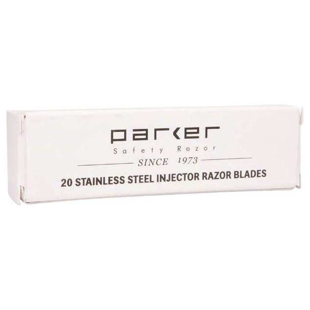 Parker stainless steel injector razor blades, 20-count, sharp replacement blades for safety razors, in packaging.
